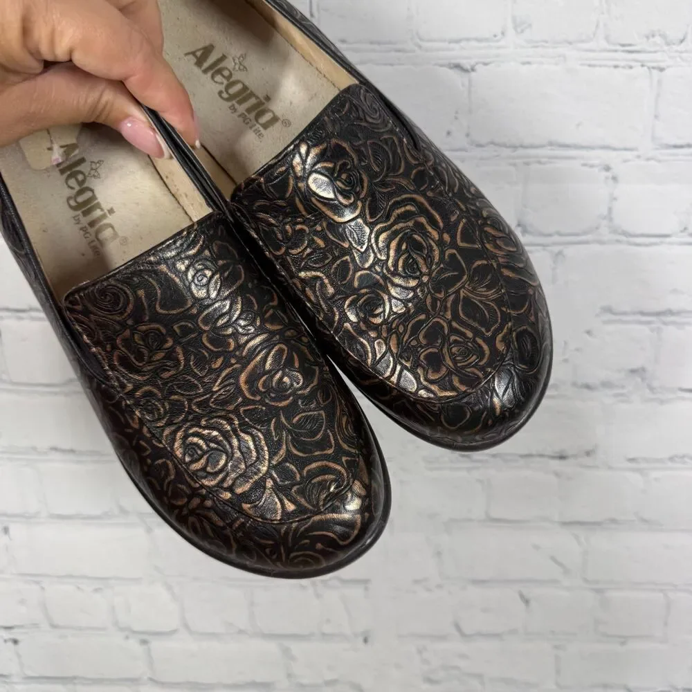 Alegria Emma Bar Womens 37 Bronze Bouquet Floral Comfort Platform Slip On Shoes